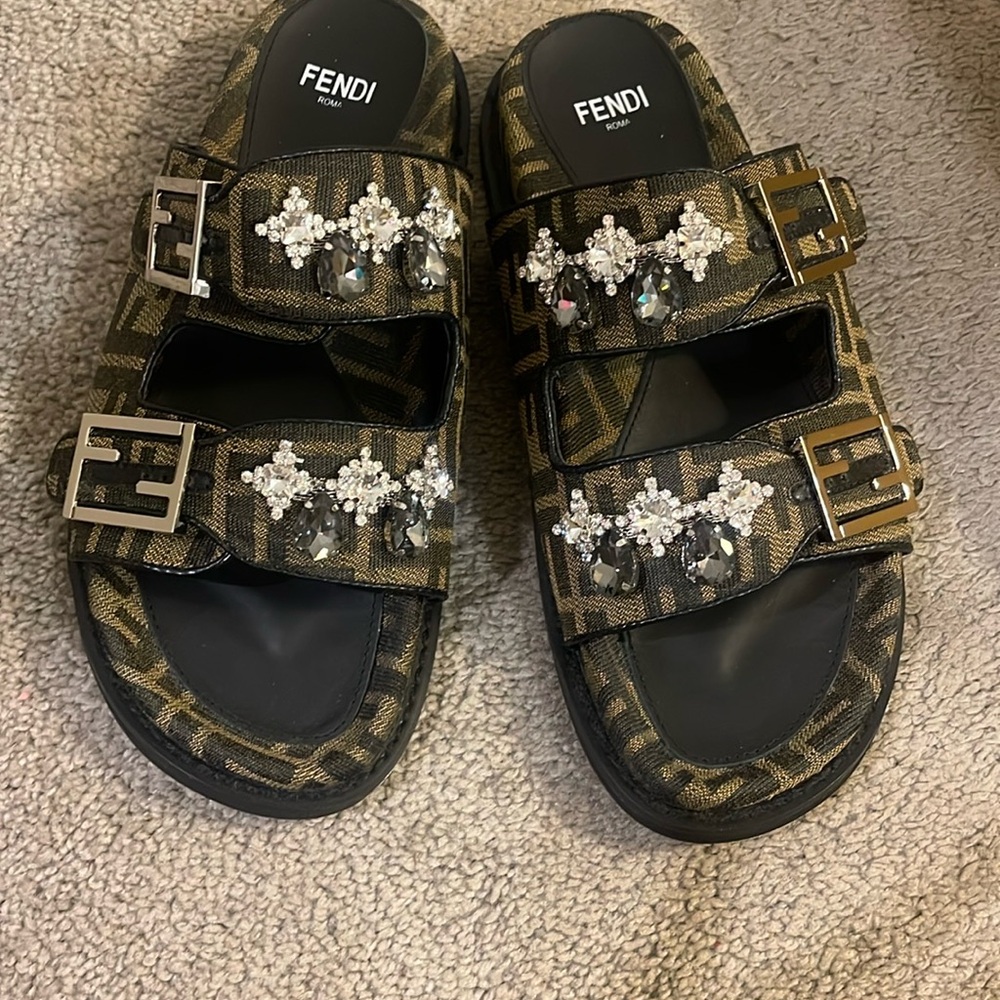 Fendi Brown Embellished Sandals